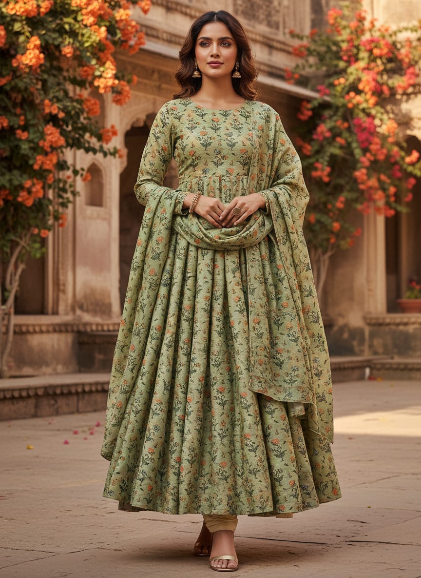 Green Dainty Ethnic Floral Buti Print Upada Silk Digital Printed Fabric