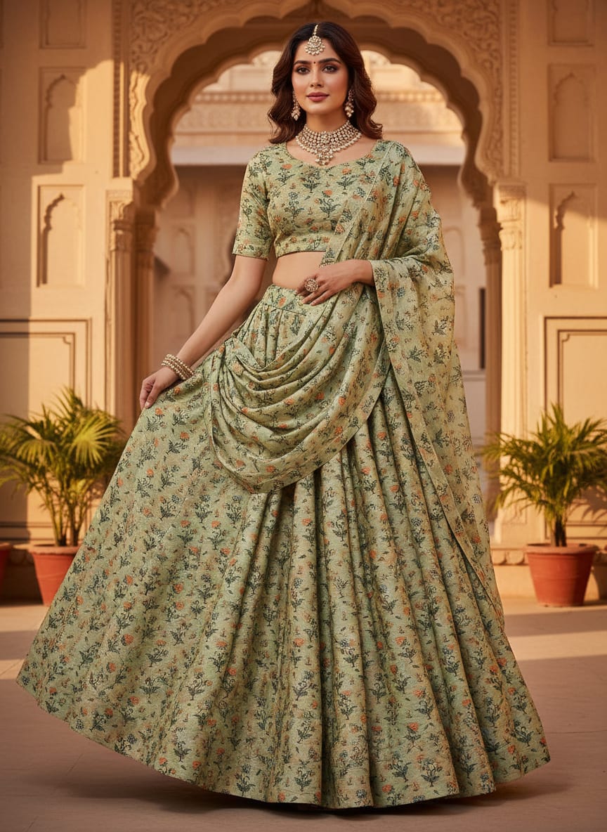 Beautiful Green Seamless Motif Flower Digital Printed Fabric - Upada Silk