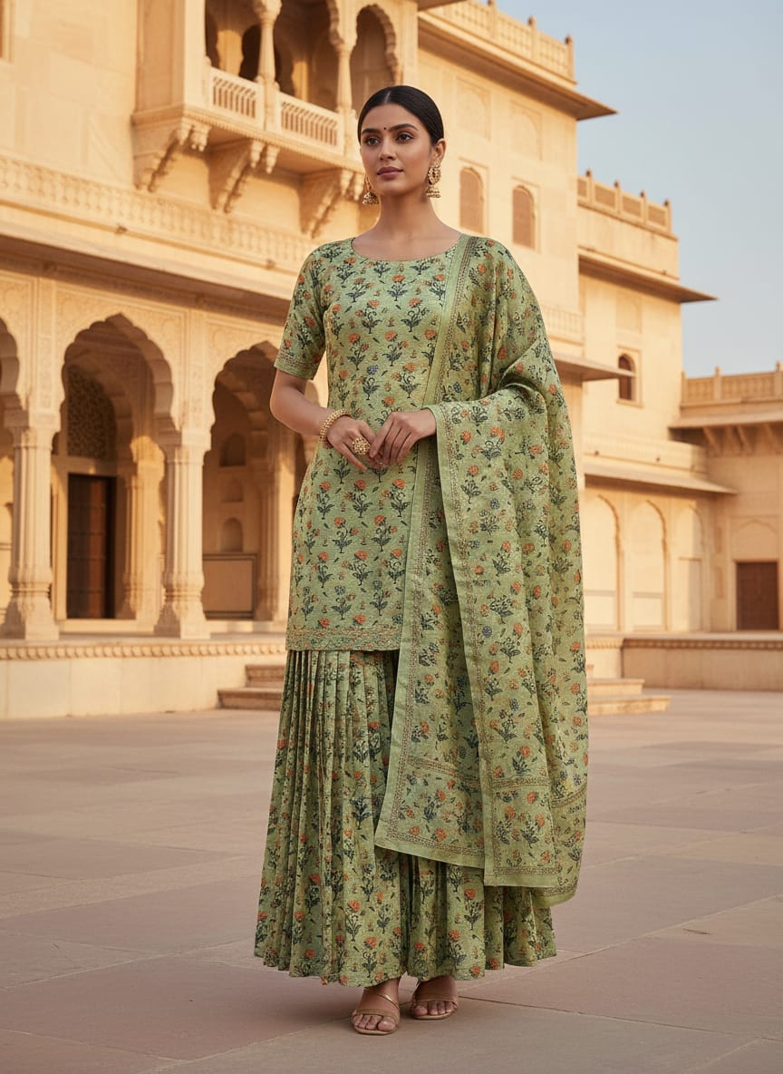 Green Dainty Ethnic Floral Buti Print Upada Silk Digital Printed Fabric
