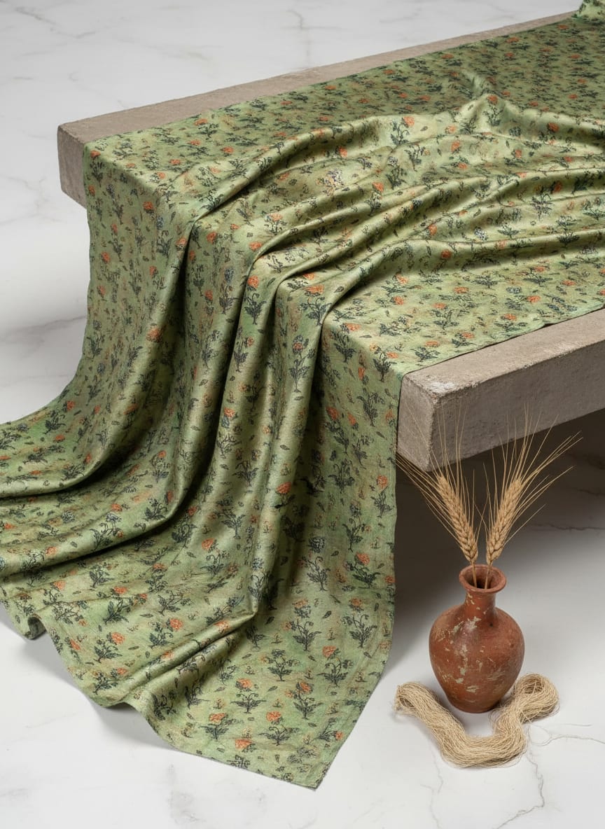 Green Dainty Ethnic Floral Buti Print Upada Silk Digital Printed Fabric
