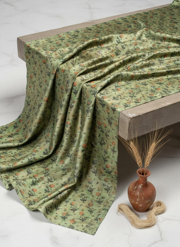Green Dainty Ethnic Floral Buti Print Upada Silk Digital Printed Fabric - Fabric Editorial Studio Flatlay Lookbook - US-0-MA0128-110