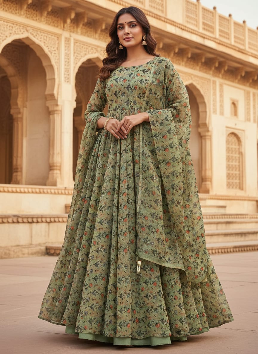 Green Small Ethnic Floral Buti Pure Georgette Digital Printed Fabric