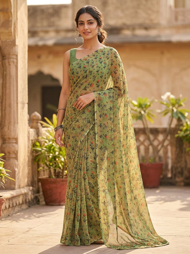Green Small Ethnic Floral Buti Pure Georgette Digital Printed Fabric