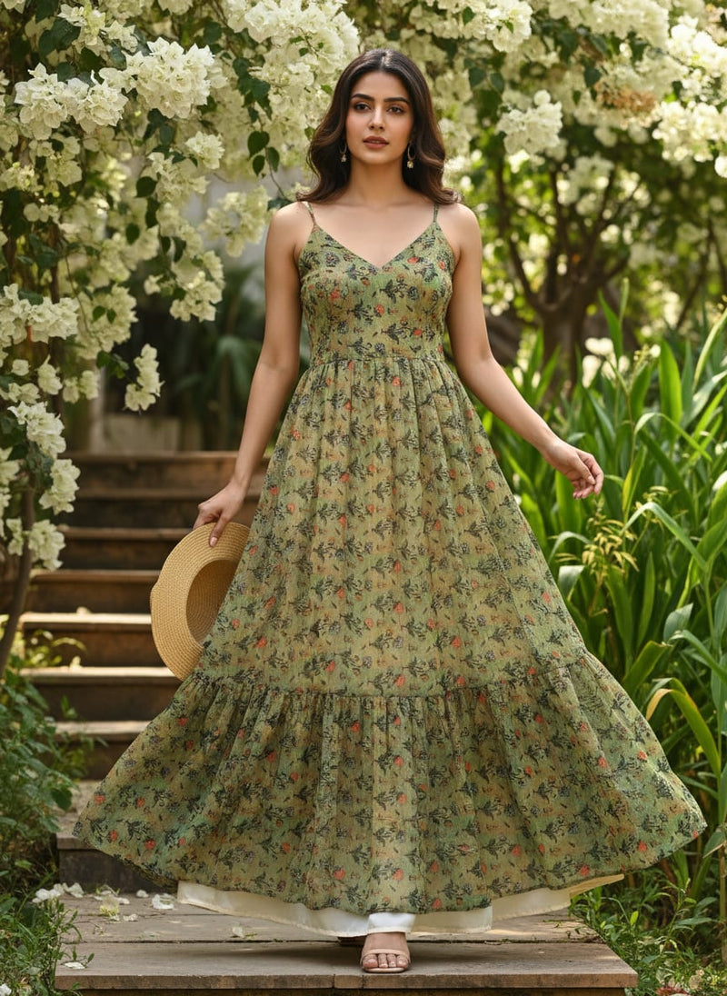 Beautiful Green Seamless Motif Flower Digital Printed Fabric - Pure Georgette