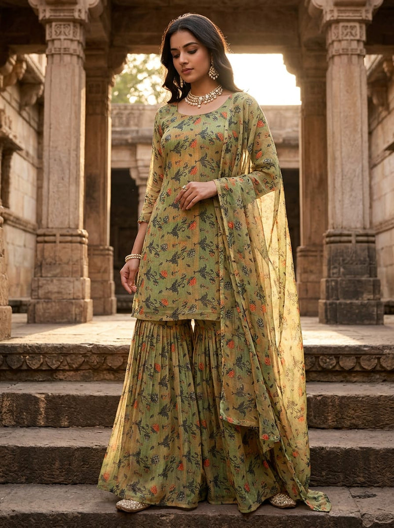 Green Small Ethnic Floral Buti Pure Georgette Digital Printed Fabric