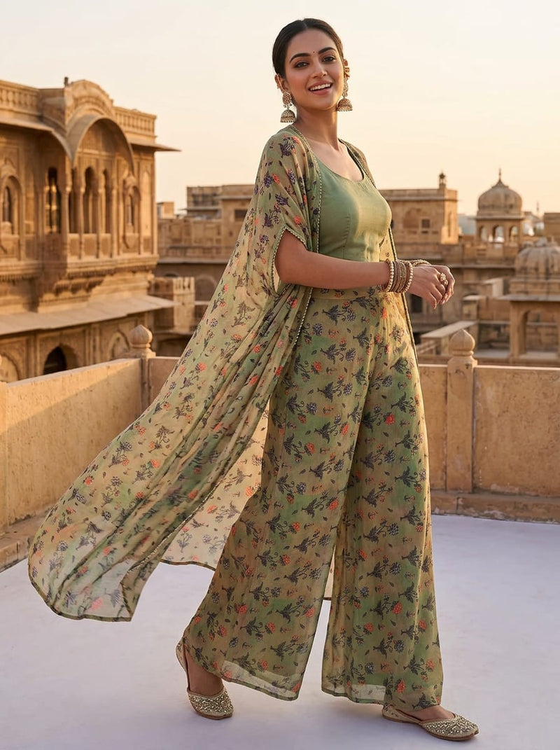 Green Small Ethnic Floral Buti Pure Georgette Digital Printed Fabric
