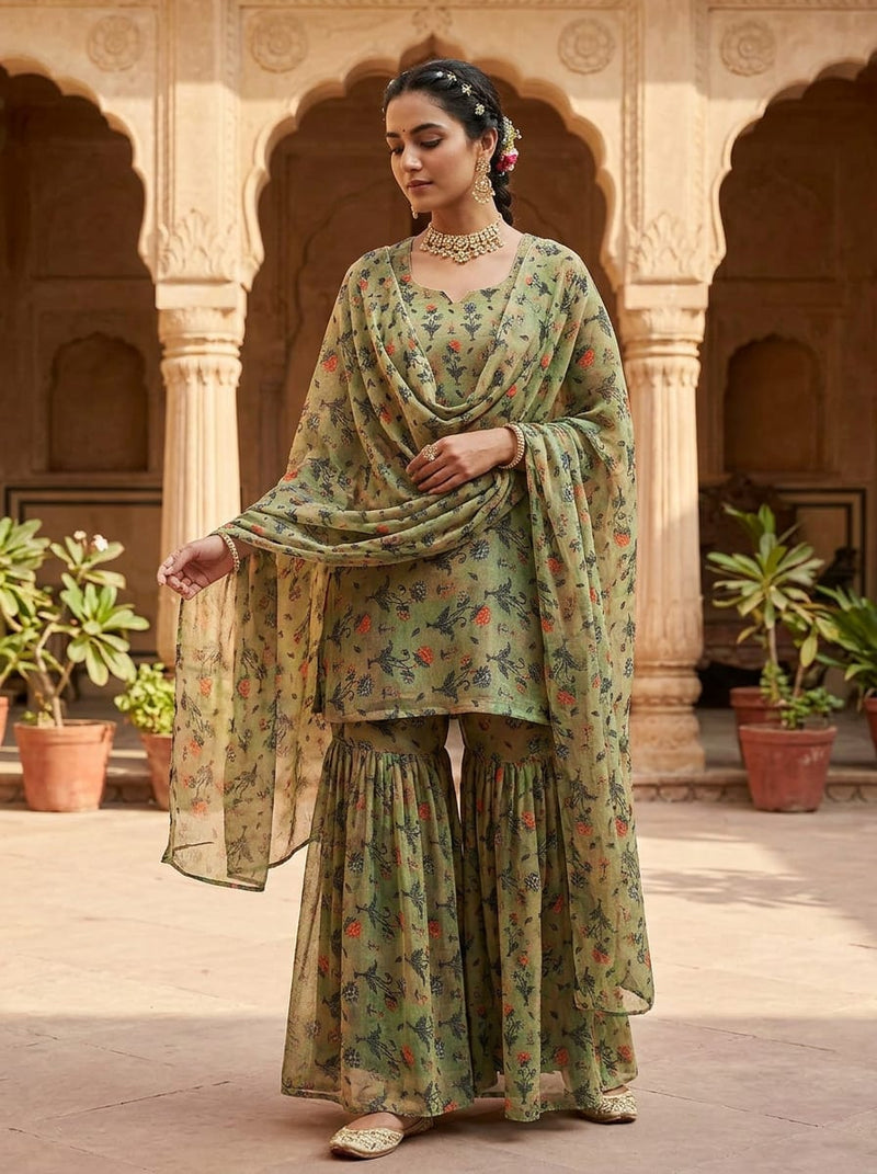 Green Small Ethnic Floral Buti Pure Georgette Digital Printed Fabric