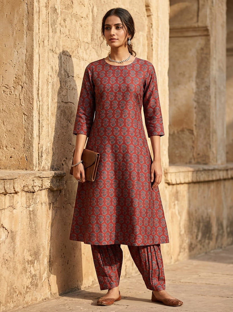 Maroon Traditional Ethnic Buti Tusser Silk Digital Printed Fabric