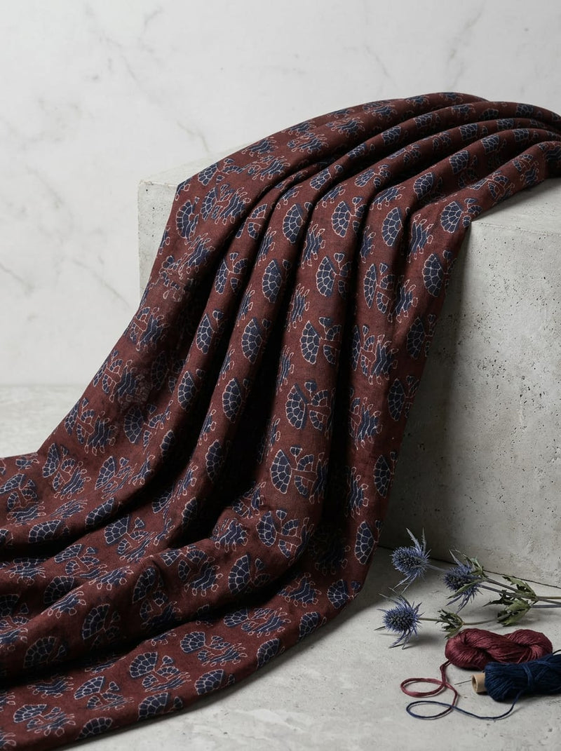 Maroon Ethnic Fan Motif Pure Muslin Digital Printed Fabric