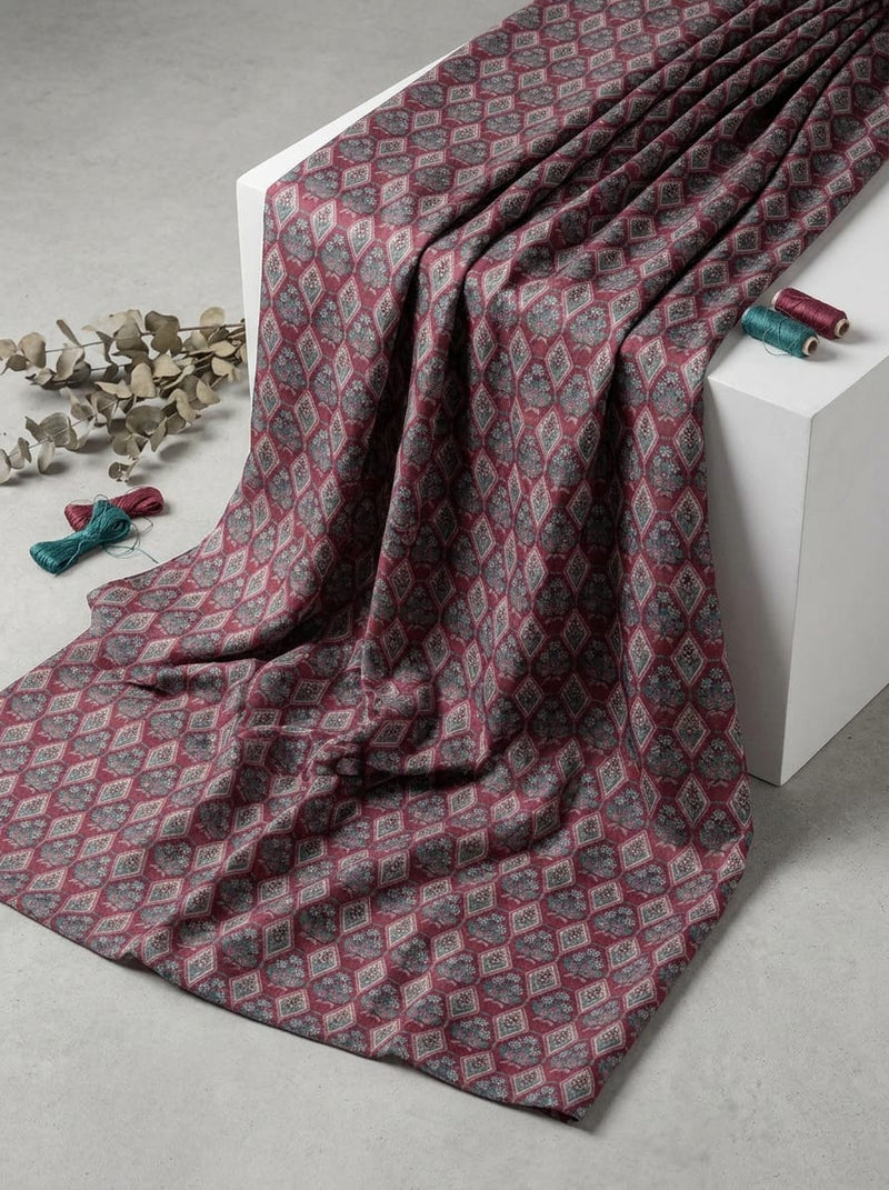 Maroon Ethnic Geometric Damask Japan Satin Digital Printed Fabric