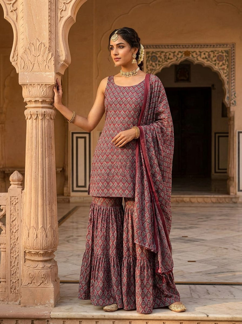 Maroon Ethnic Diamond Jaal Weightless Digital Printed Fabric