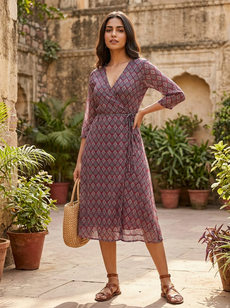 Maroon Ethnic Diamond Jaal Weightless Digital Printed Fabric