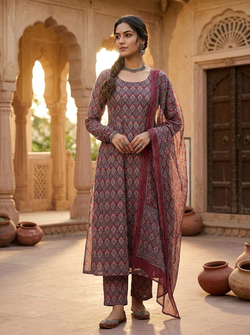 Maroon Ethnic Diamond Jaal Pattern Muslin Digital Printed Fabric
