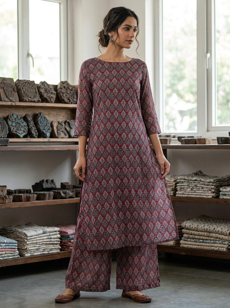 Maroon Ethnic Diamond Jaal Pattern Muslin Digital Printed Fabric