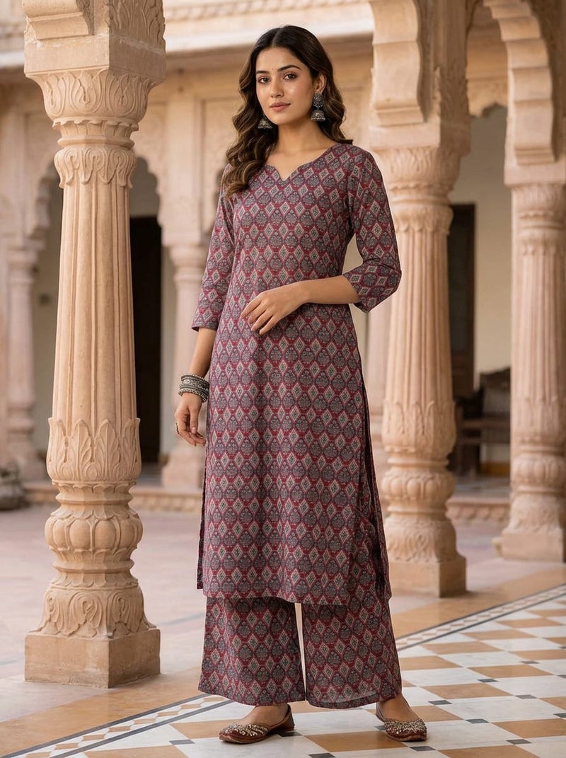 Maroon Ethnic Damask Diamond Pattern Pure Cotton Digital Printed Fabric