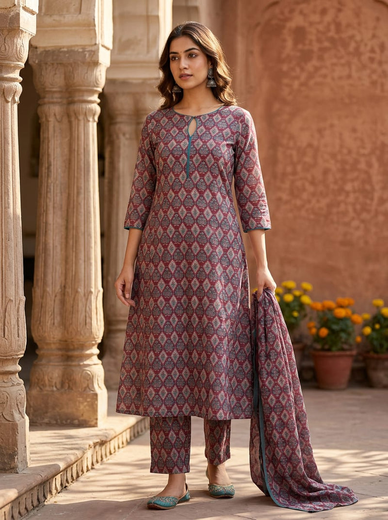 Maroon Ethnic Damask Diamond Pattern Pure Cotton Digital Printed Fabric