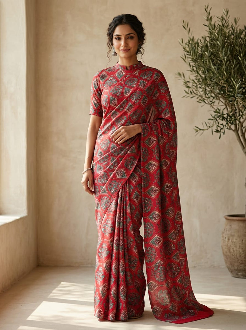 Red Ethnic Floral Diamond Pattern Upada Silk Digital Printed Fabric
