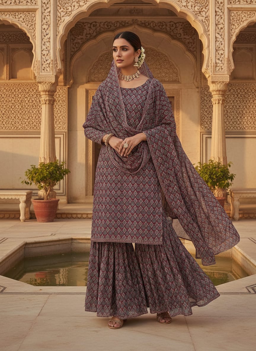 Morden Damask With Flower Digital Printed Fabric - Pure Georgette