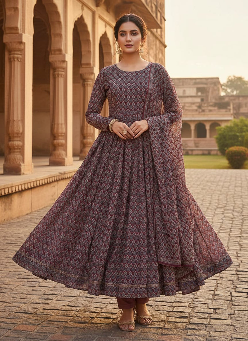 Maroon Ethnic Damask Diamond Jaal Pure Georgette Digital Printed Fabric