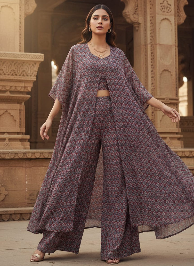 Maroon Ethnic Damask Diamond Jaal Pure Georgette Digital Printed Fabric