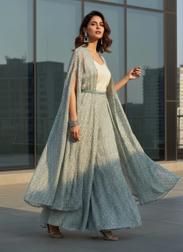 Multicolor Ethnic Geometric Wave Pure Chinon Digital Printed Fabric - Cape with Palazzo Lookbook - PC-0-MA0226-106 - alternate view