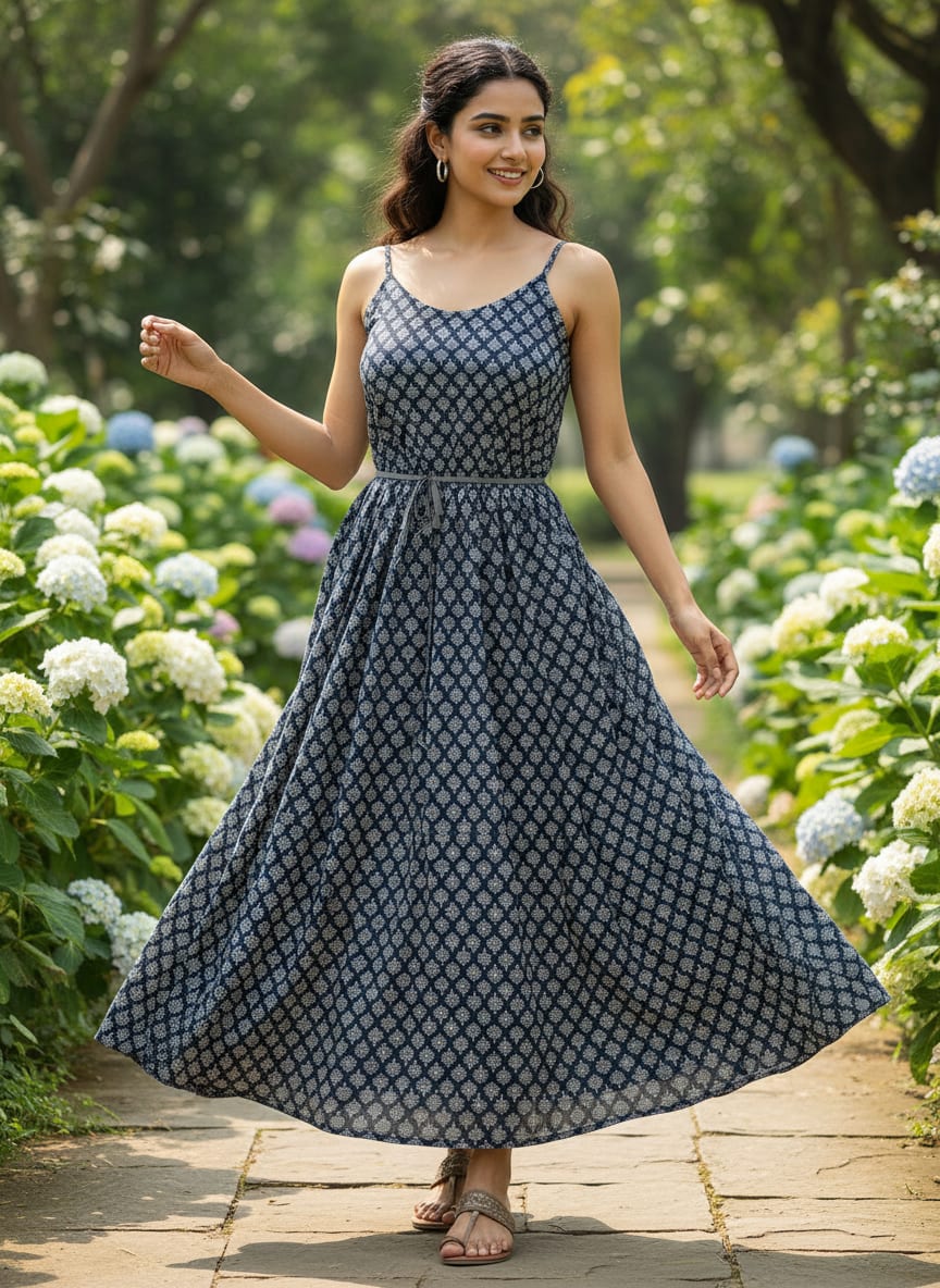 Navy Ethnic Botanical Buti Print Weightless Digital Printed Fabric