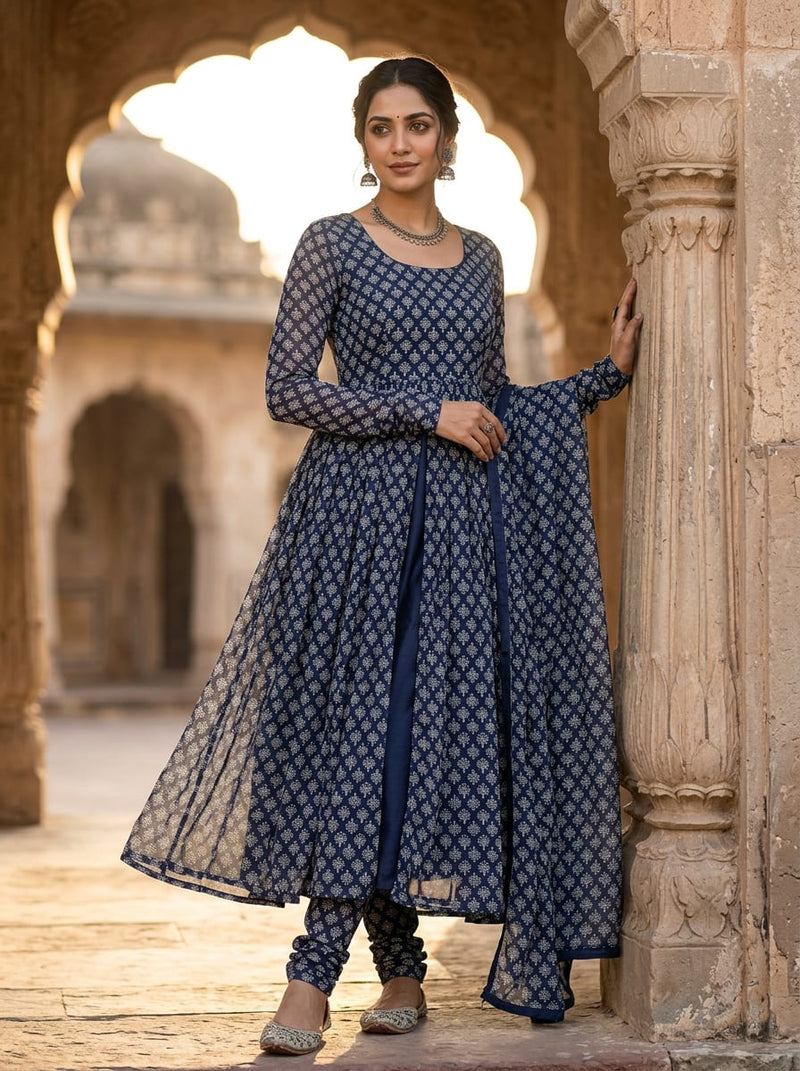 Navy Ethnic Botanical Buti Print Weightless Digital Printed Fabric