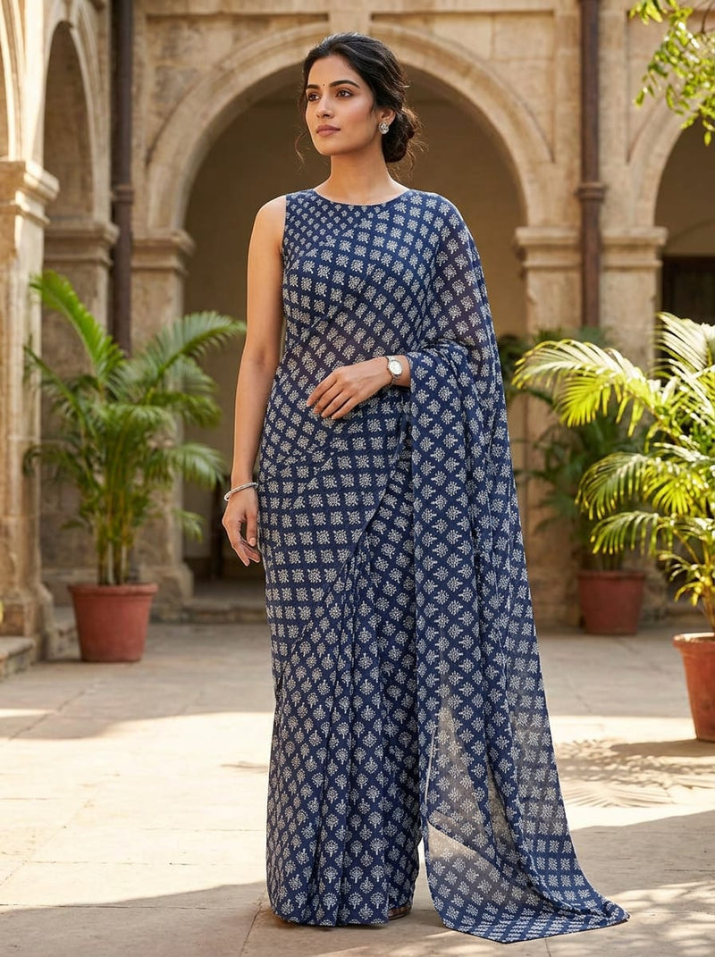 Navy Ethnic Botanical Buti Print Weightless Digital Printed Fabric