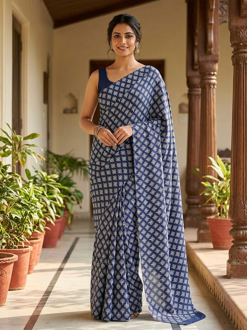 Navy Small Ethnic Buti Print Silk Crepe Digital Printed Fabric