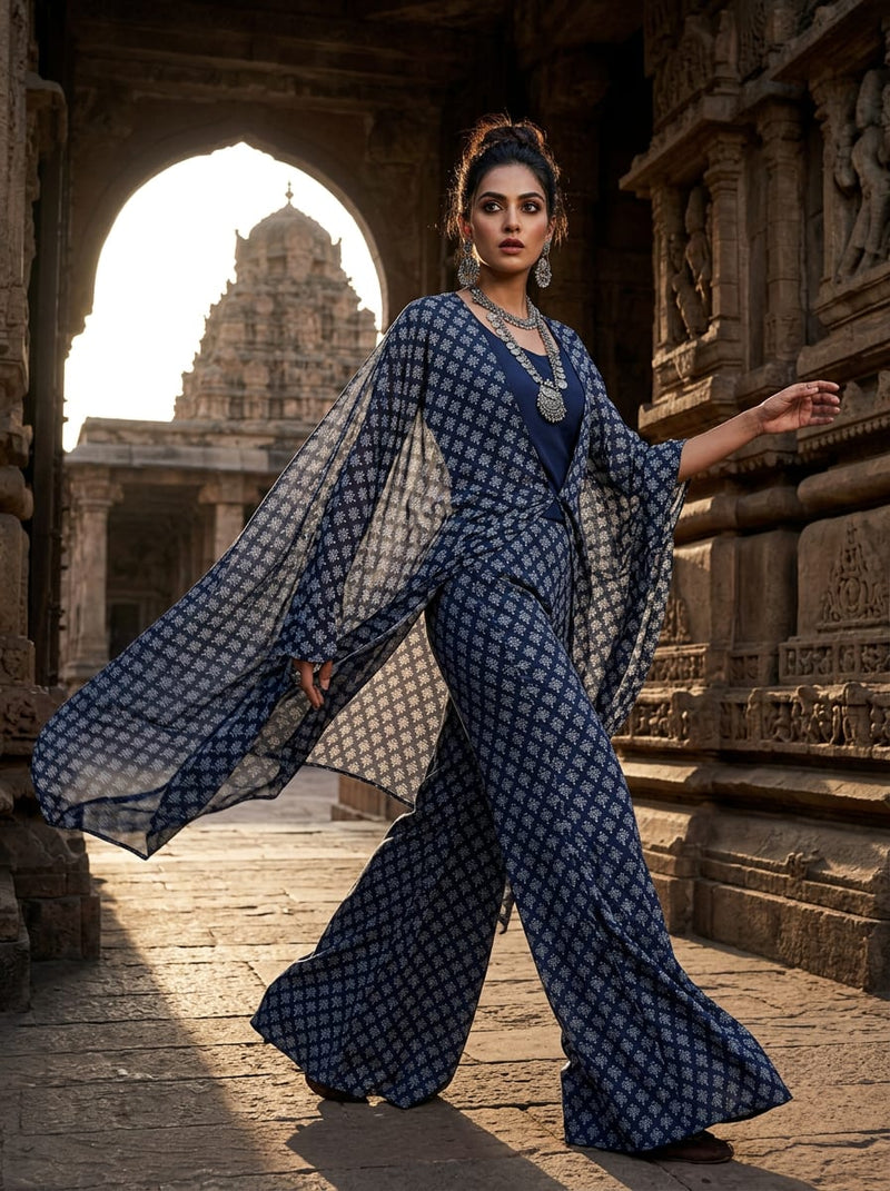 Navy Small Ethnic Buti Print Silk Crepe Digital Printed Fabric