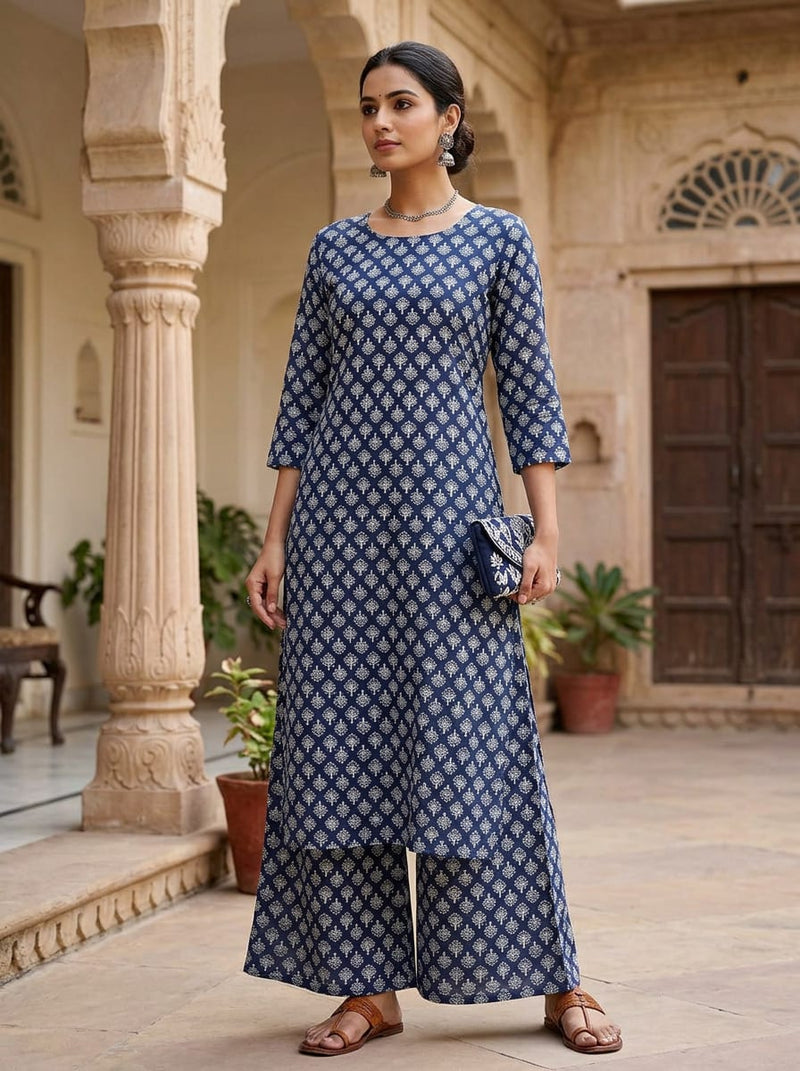 Navy Blue Small Ethnic Buti Pattern Pure Muslin Digital Printed Fabric