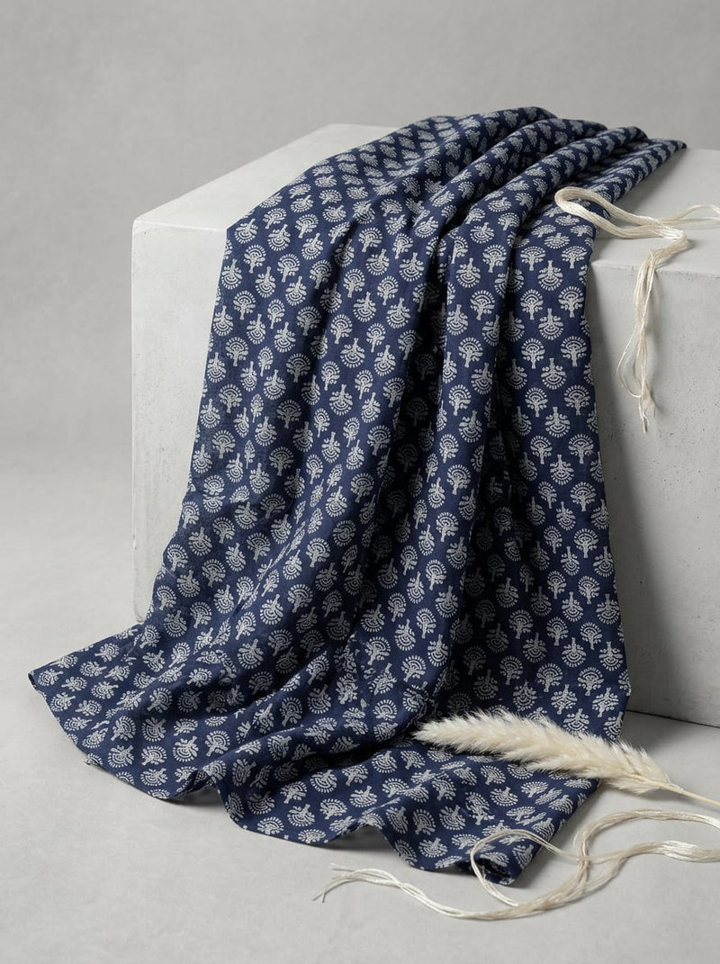 Navy Blue Small Ethnic Buti Pattern Pure Muslin Digital Printed Fabric