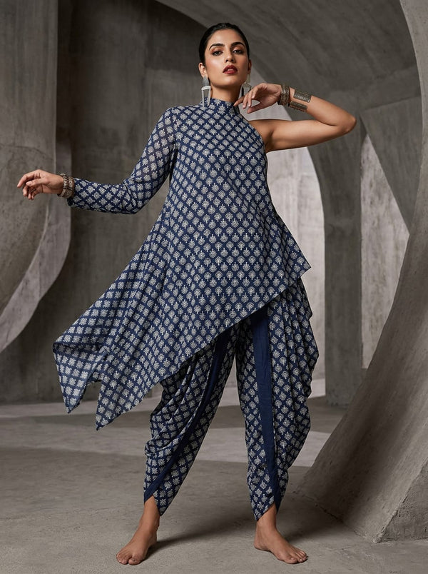 Navy Blue Small Ethnic Buti Pattern Pure Muslin Digital Printed Fabric - Asymmetric Tunic with Dhoti Pants Lookbook - PM-0-MA0229-110 - alternate view