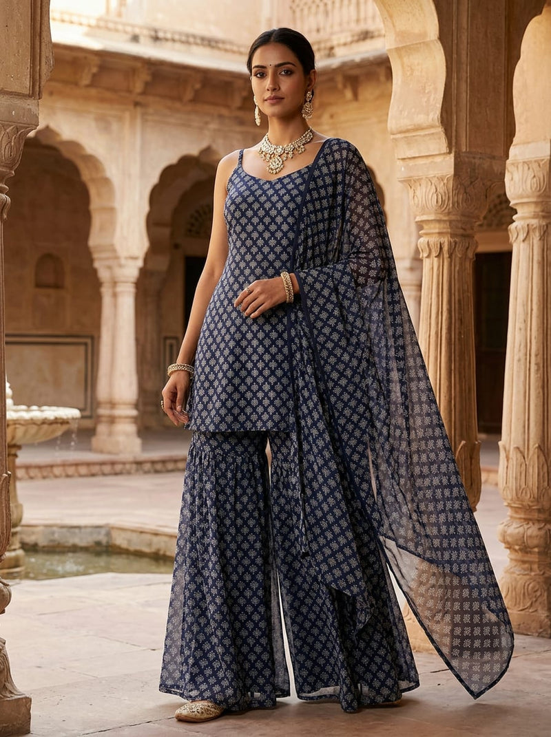 Navy Ethnic Buti Motif Pure Georgette Digital Printed Fabric