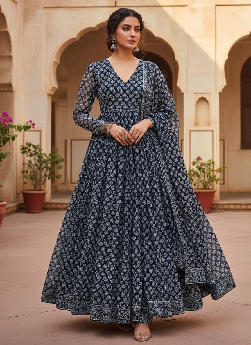 Navy Ethnic Butta Motif Pure Chinon Digital Printed Fabric
