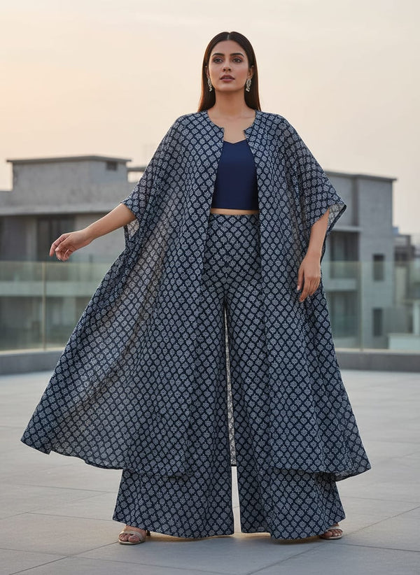 Navy Ethnic Butta Motif Pure Chinon Digital Printed Fabric - Cape with Palazzo Lookbook - PC-0-MA0229-106 - alternate view