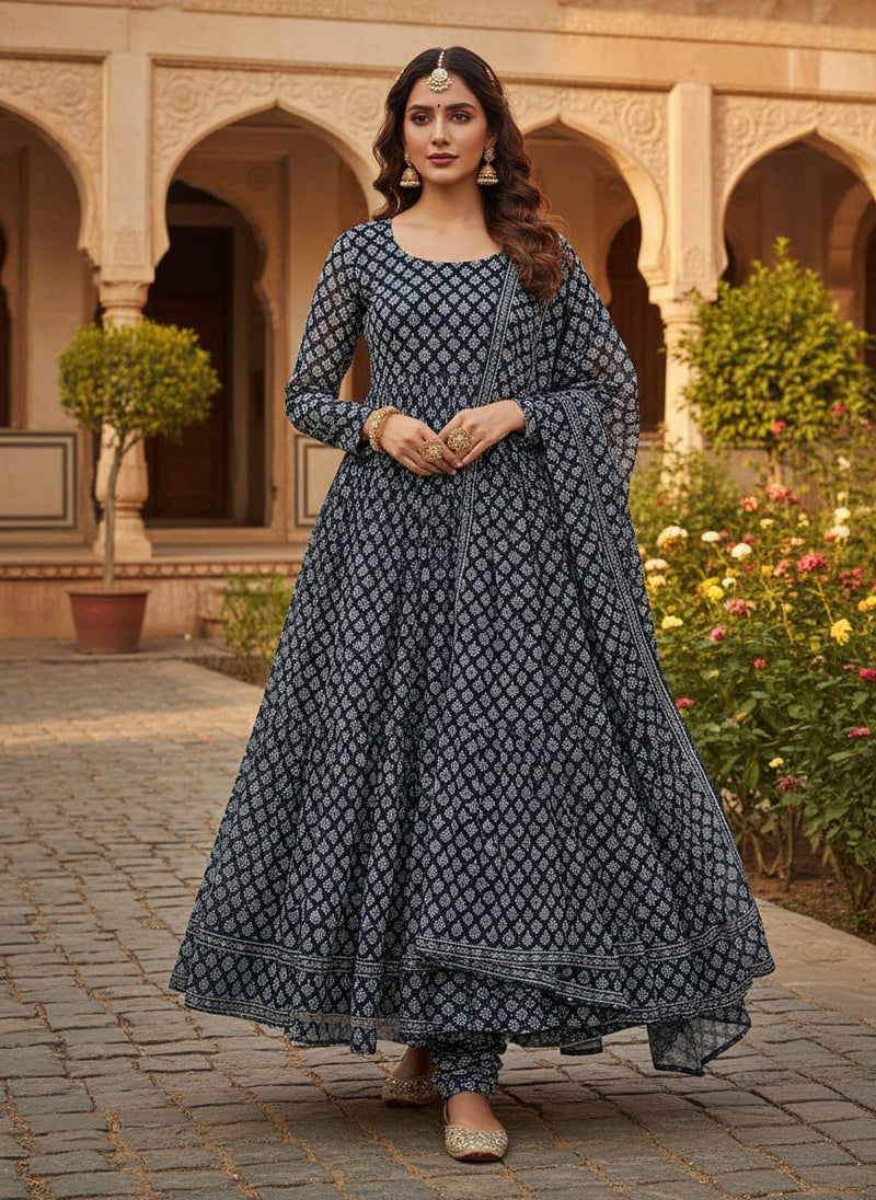 Navy Ethnic Buti Motif Pure Chiffon Digital Printed Fabric
