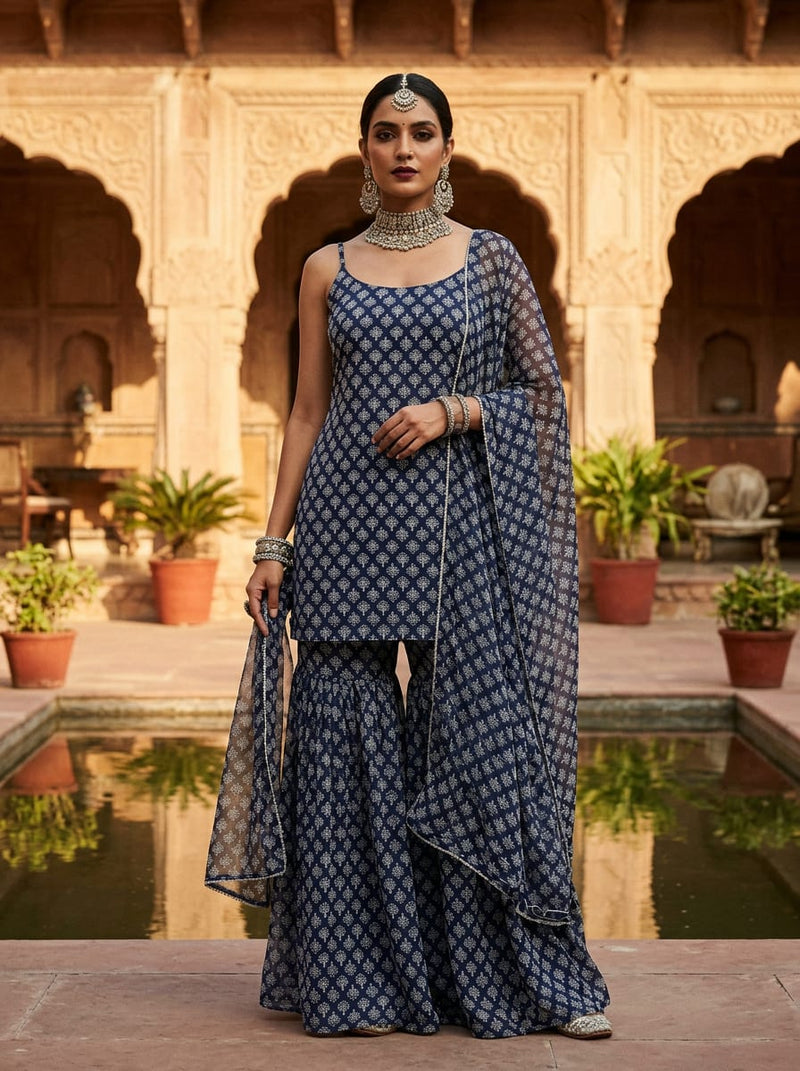 Navy Ethnic Buti Motif Pure Chiffon Digital Printed Fabric