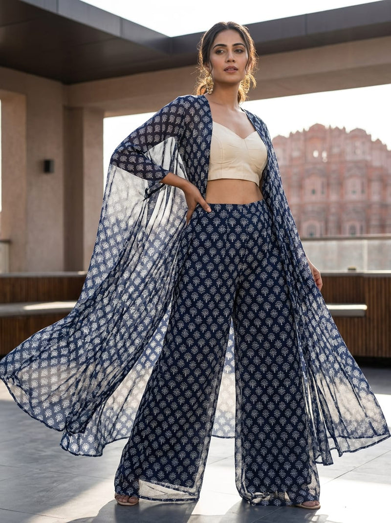 Navy Ethnic Buti Motif Pure Chiffon Digital Printed Fabric