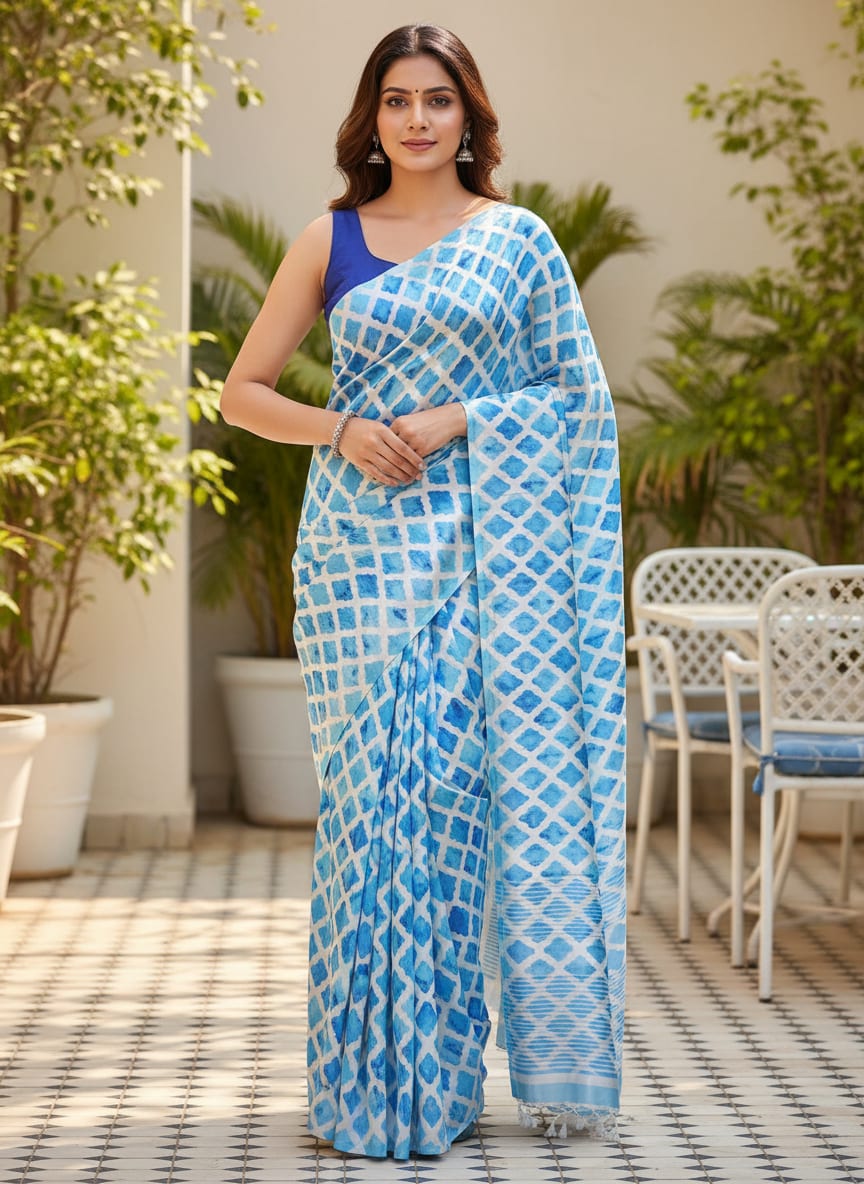 Blue Lattice Lovely Seamless Digital Printed Fabric - Japan Satin