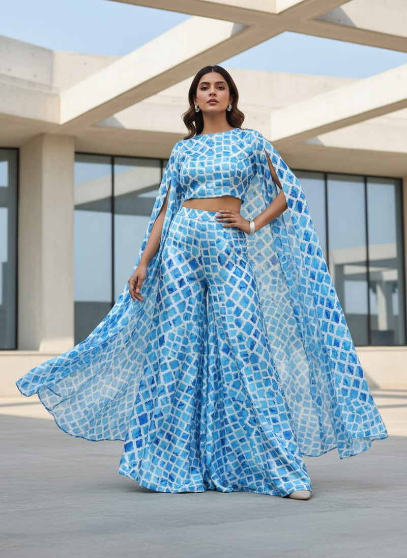 Blue Lattice Lovely Seamless Digital Printed Fabric - Japan Satin