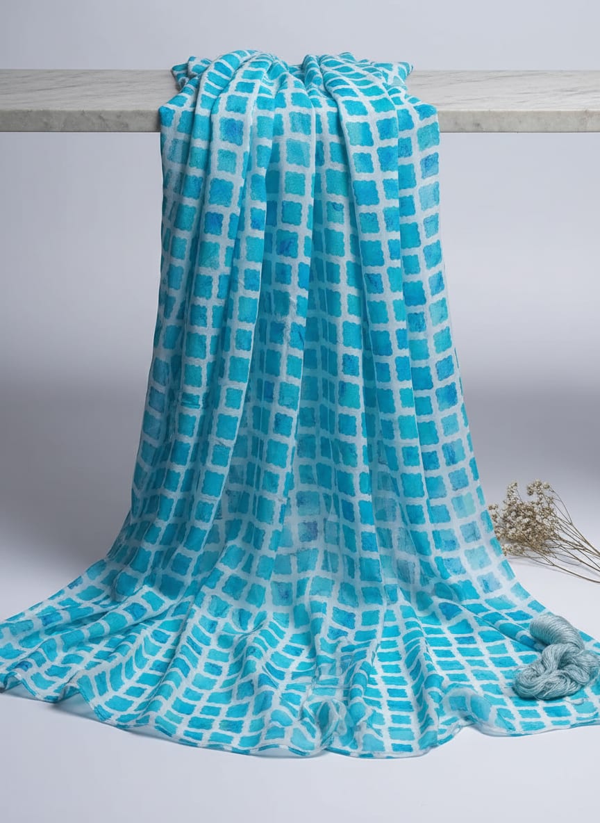 Blue Lattice Lovely Seamless Digital Printed Fabric - Pure Muslin