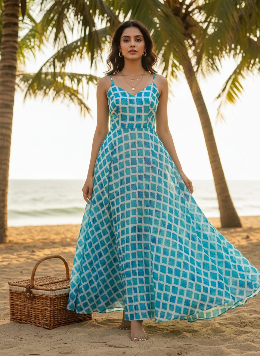 Blue Lattice Lovely Seamless Digital Printed Fabric - Pure Muslin