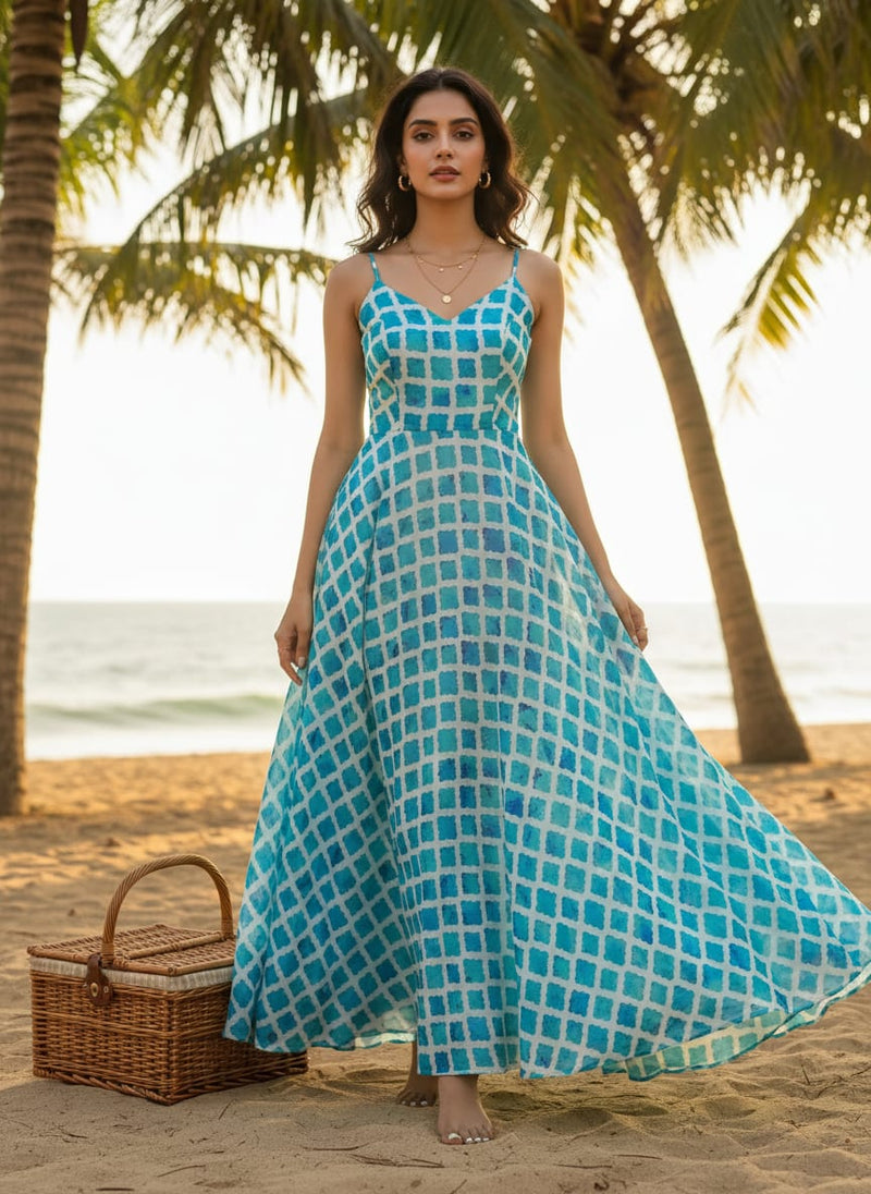 Blue Lattice Lovely Seamless Digital Printed Fabric - Pure Muslin