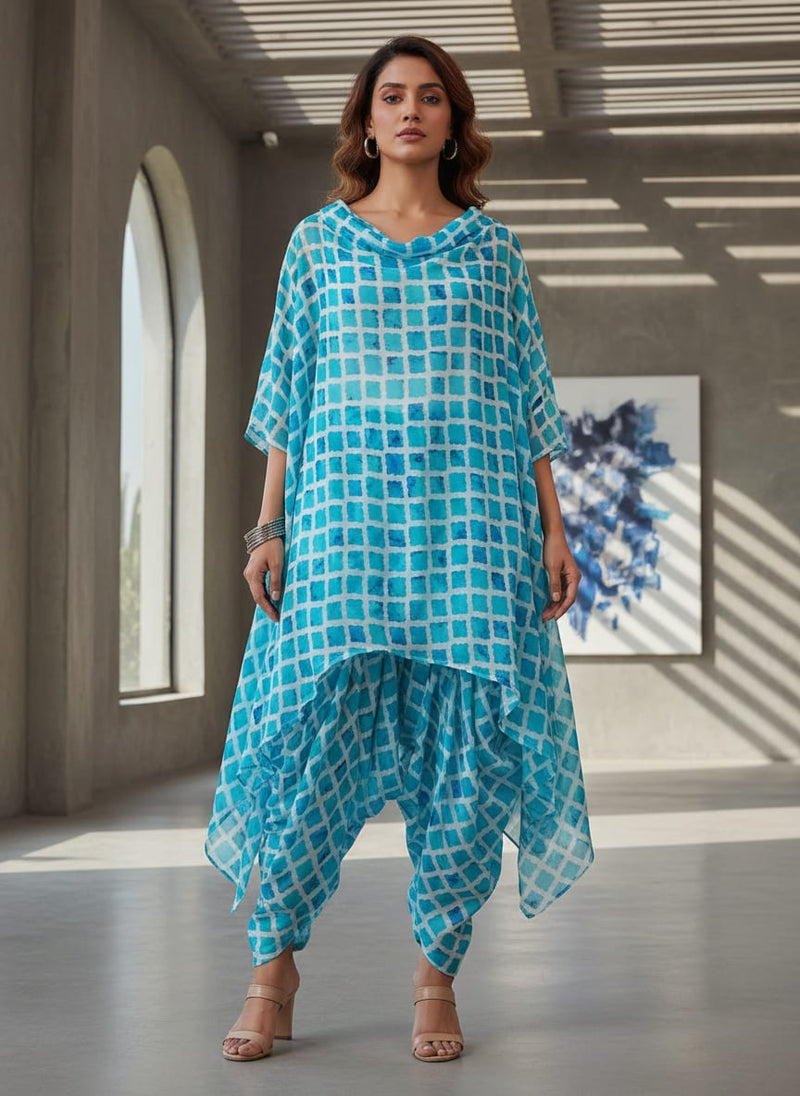 Blue Lattice Lovely Seamless Digital Printed Fabric - Pure Muslin