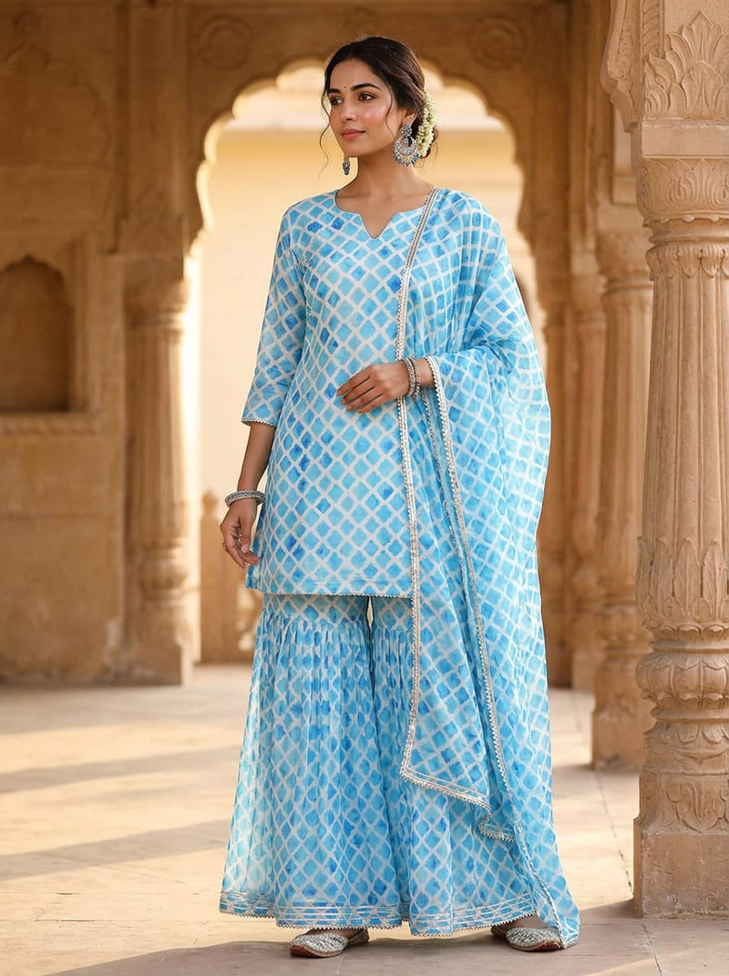 Blue Watercolor Diamond Grid Upada Silk Digital Printed Fabric