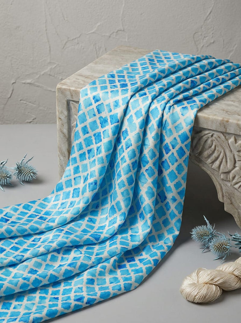 Blue Watercolor Diamond Grid Upada Silk Digital Printed Fabric