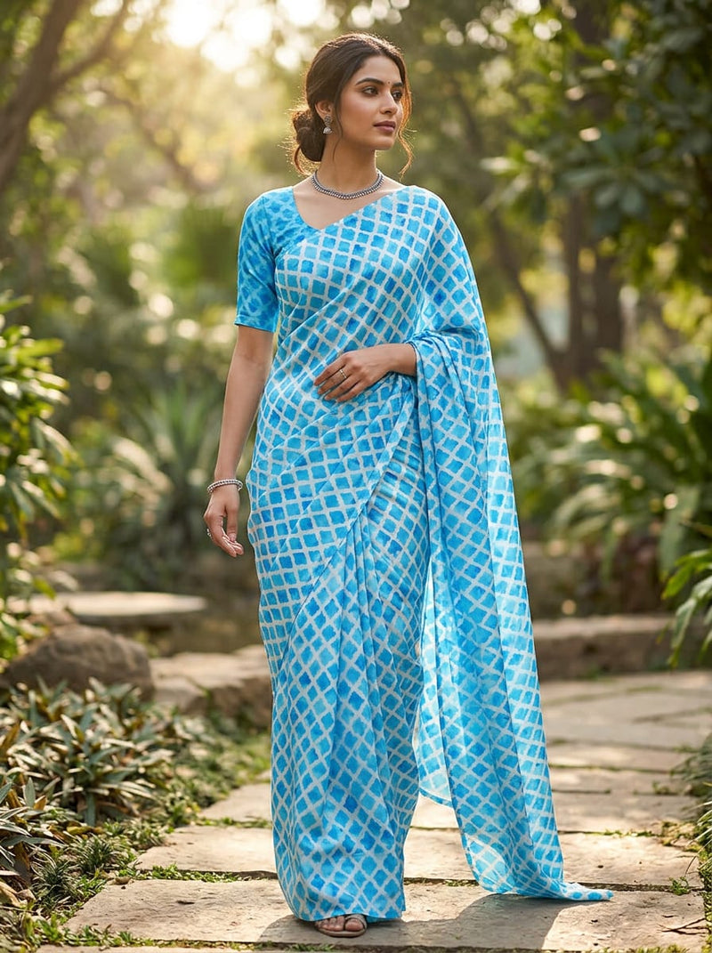 Blue Watercolor Diamond Grid Upada Silk Digital Printed Fabric