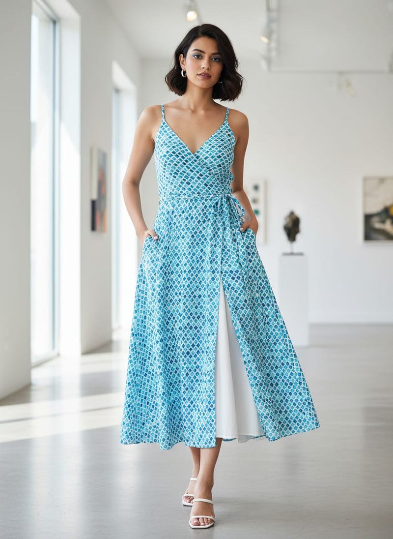 Blue Lattice Lovely Seamless Digital Printed Fabric - Pure Georgette