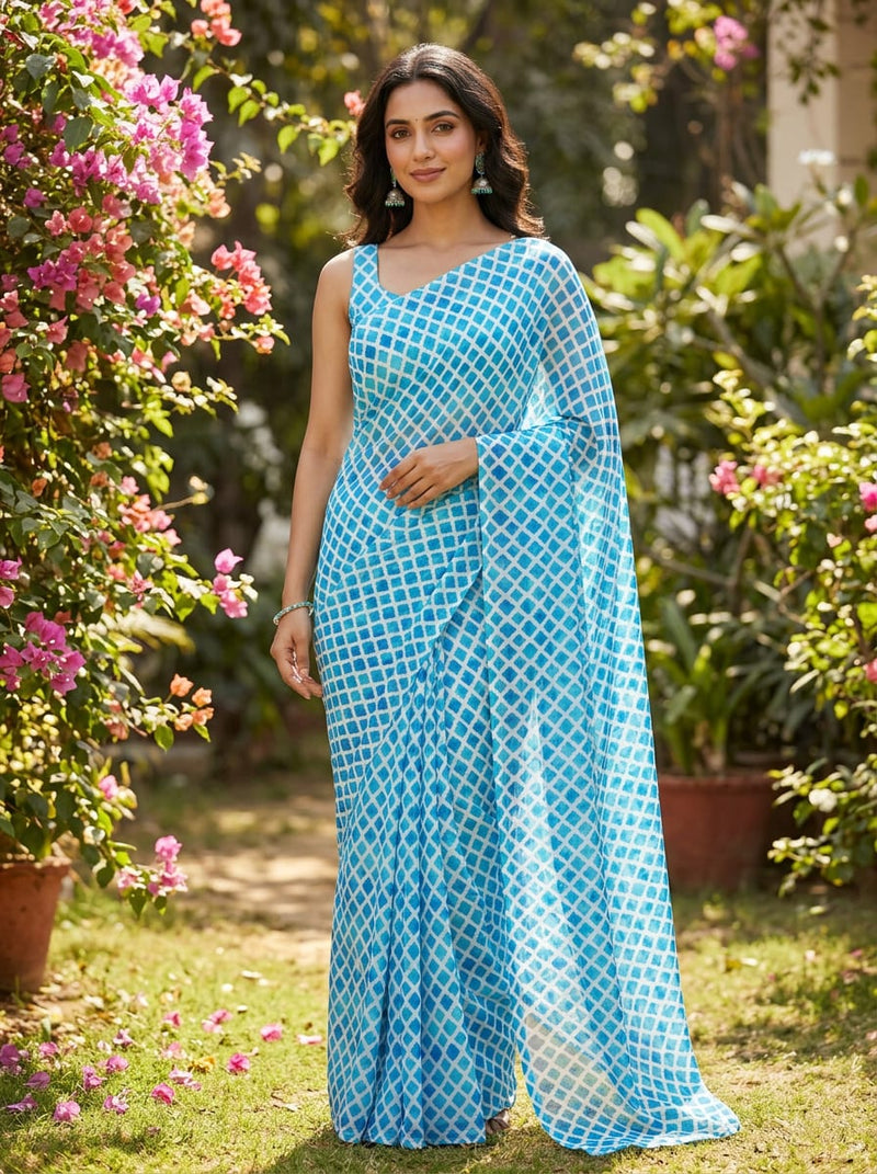 Blue Watercolor Geometric Lattice Pure Georgette Digital Printed Fabric